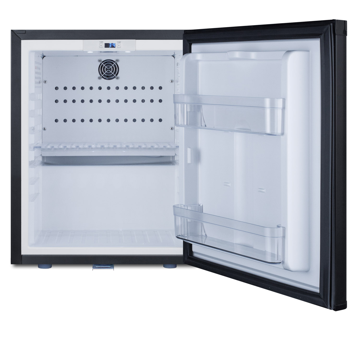 Compact minibar in black with front lock and reversible door